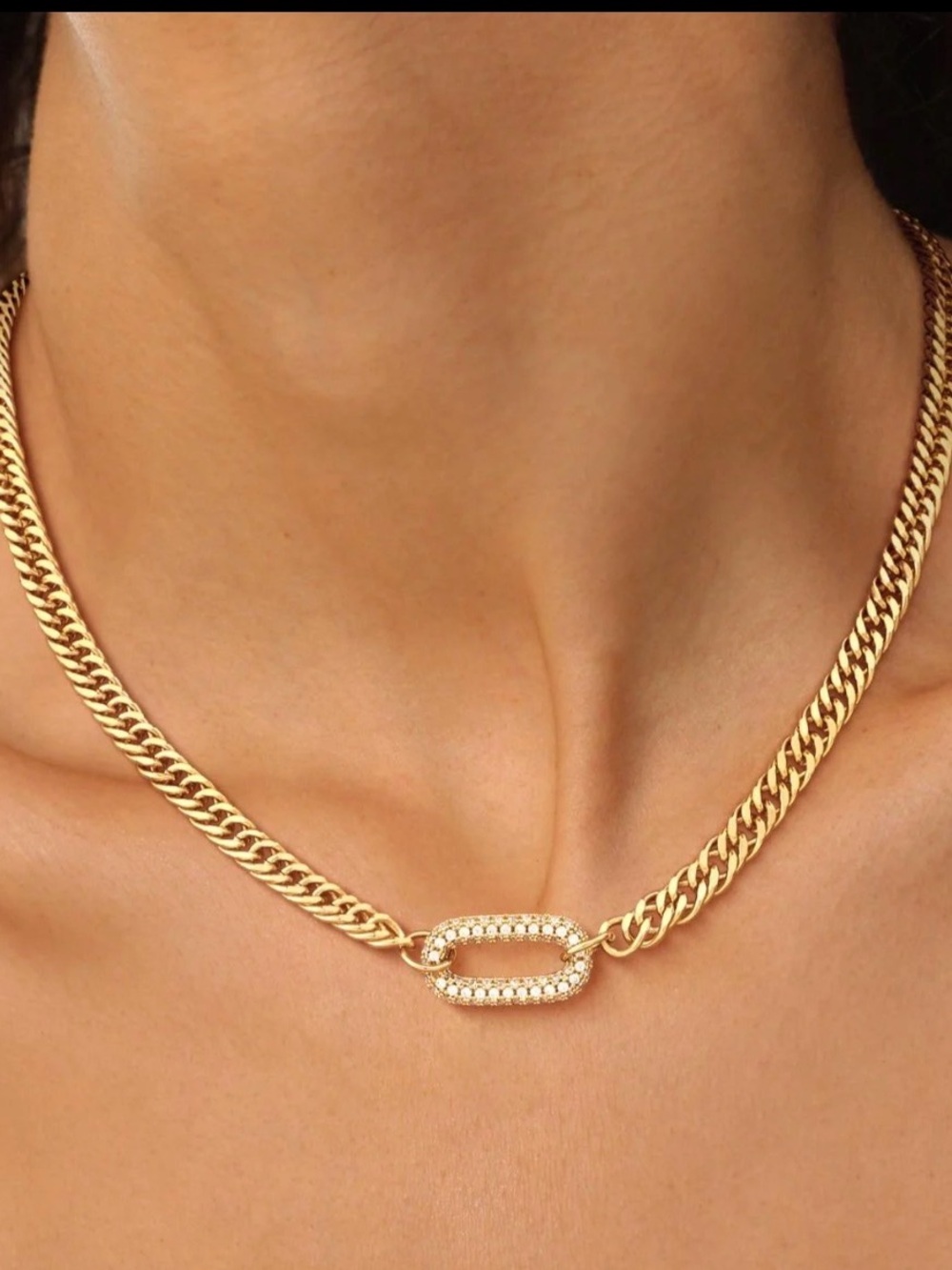 14K Gold Plated Gold Pave Oval Link Statement Necklace